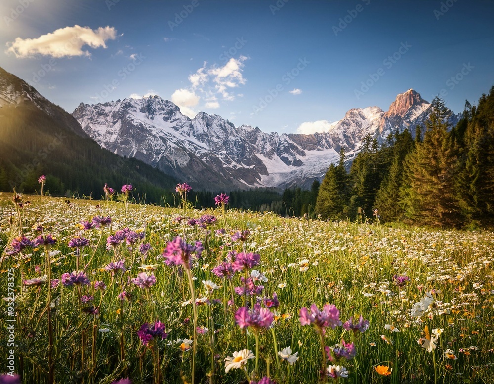 Mountain view with wildflowers blooming Mountain view with wildflowers blooming