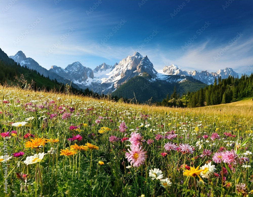 Fototapeta premium Mountain view with wildflowers blooming