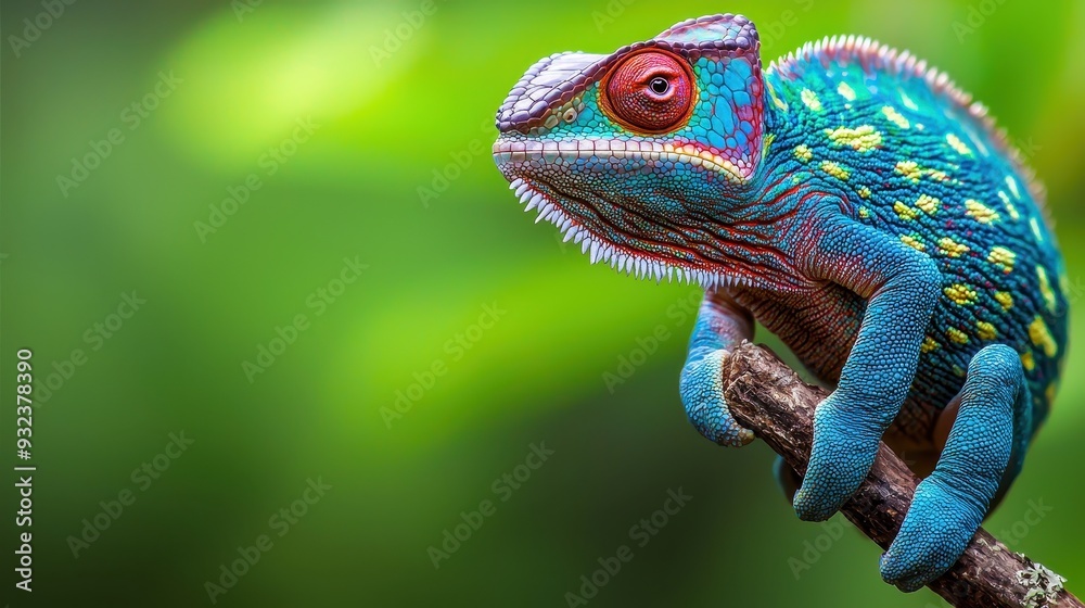 Fototapeta premium Colorful Chameleon on Branch in Green Forest