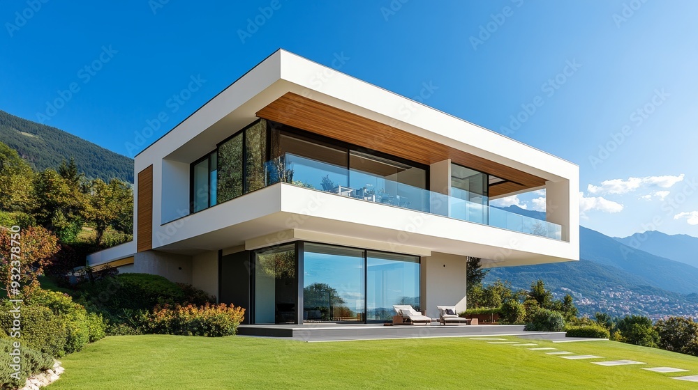 Modern house with large glass windows and wooden accents, surrounded by a lush green landscape and mountains. Modern house with large glass windows and wooden accents, surrounded by a lush green landscape and mountains.