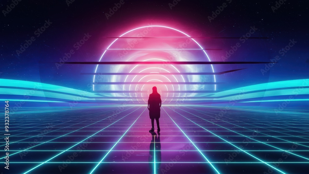 A man standing in front of a glowing neon grid with an abstract background, AI A man standing in front of a glowing neon grid with an abstract background, AI