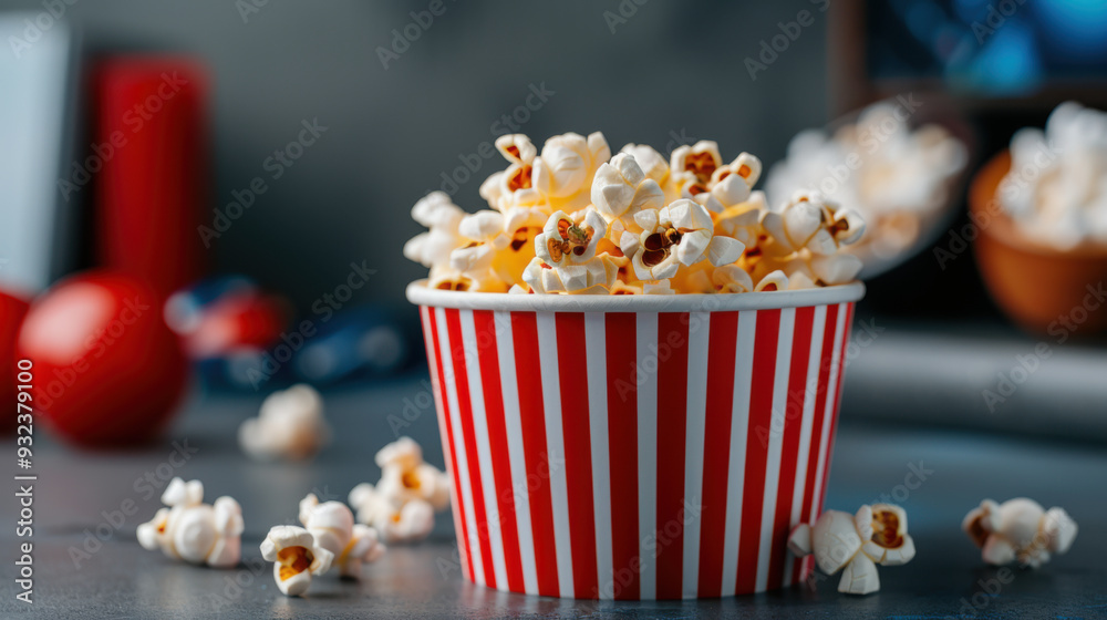 Striped red and white popcorn bucket filled with popcorn, with some pieces spilled around, in a movie theater setting.
