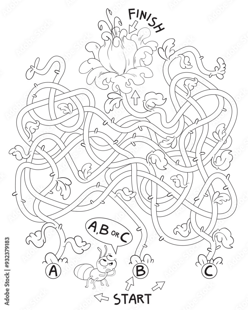 Help the ant through the labyrinth. Children logic game to pass the maze. Educational game for kids. Attention task. Choose right path. Funny cartoon character. Worksheet page. Coloring book Help the ant through the labyrinth. Children logic game to pass the maze. Educational game for kids. Attention task. Choose right path. Funny cartoon character. Worksheet page. Coloring book