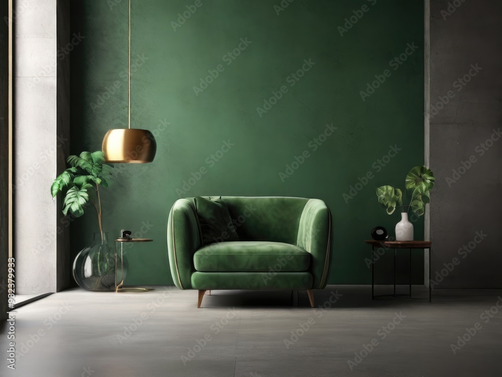 Living room with green armchair on empty dark concrete wall background.3d rendering Living room with green armchair on empty dark concrete wall background.3d rendering
