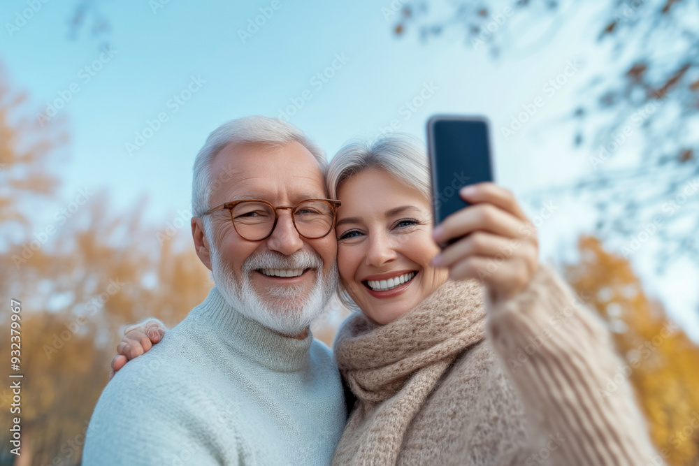 Fototapeta premium A couple of older people are smiling and taking a picture with a cell phone