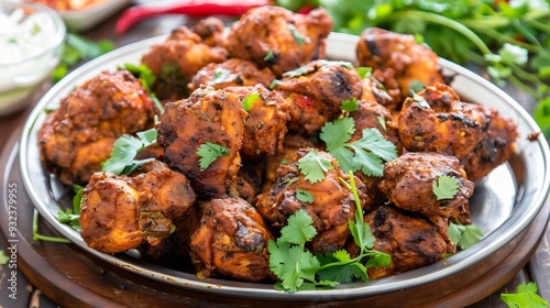 Platter of spicy jerk chicken bites garnished with fresh herbs ready to be enjoyed as finger food