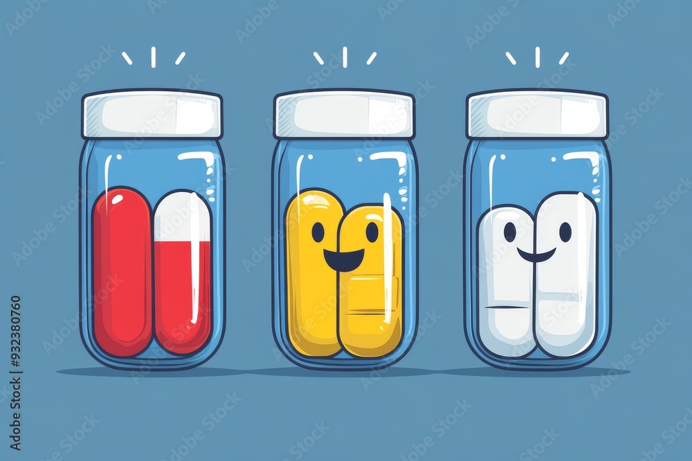 Minimalist vector illustration of three medicine bottles with simple faces symbolizing the basic yet essential role of healthcare in everyday life Minimalist vector illustration of three medicine bottles with simple faces symbolizing the basic yet essential role of healthcare in everyday life