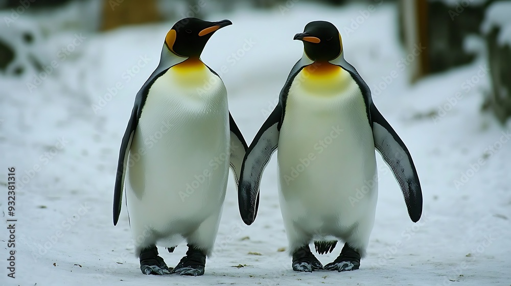Obraz premium A Pair of Penguins Walking Together on a Snowy Landscape in the Wild