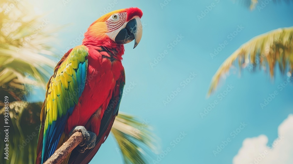 Obraz premium Colorful Macaw Parrot Perched on Branch with Palm Tree in the Background