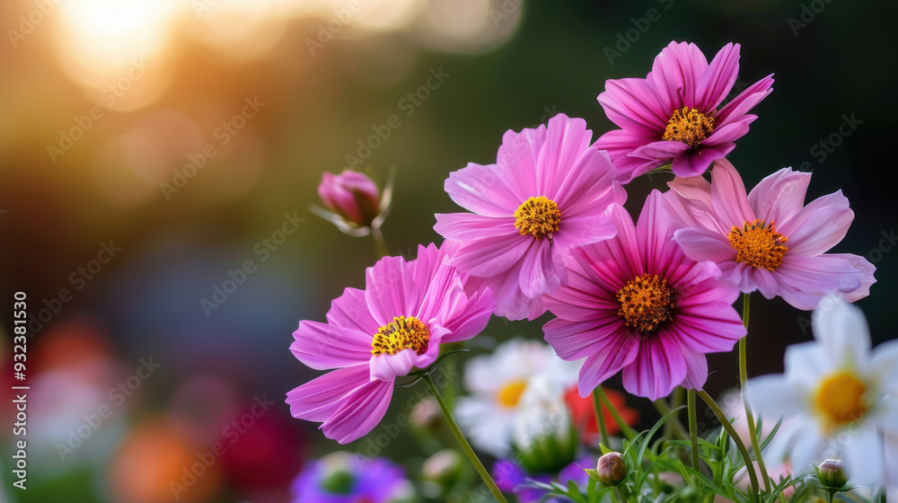 Close-up of pink cosmos flowers in full bloom with sunlight streaming in the background, creating a serene garden scene. Close-up of pink cosmos flowers in full bloom with sunlight streaming in the background, creating a serene garden scene.