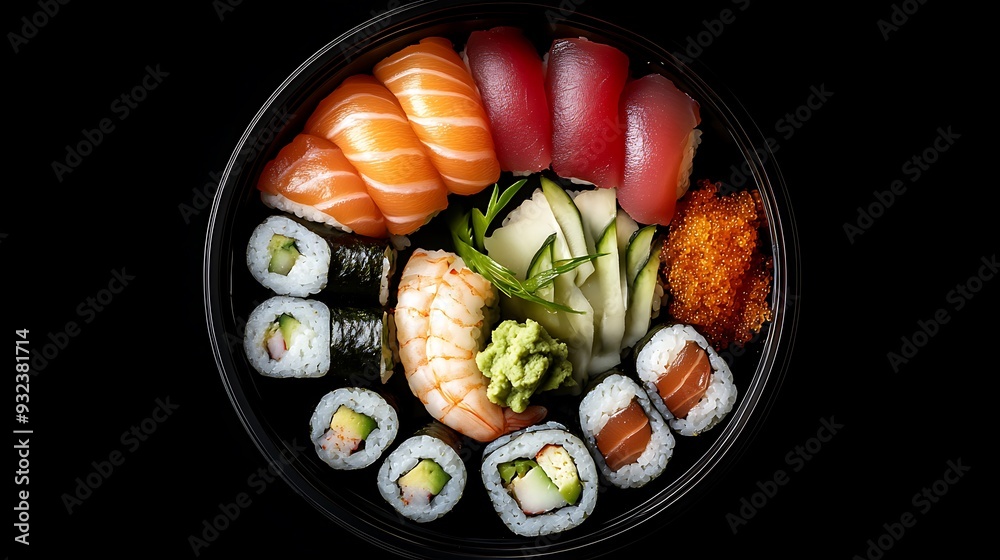 A variety of sushi rolls and nigiri in a black bowl on a black background.