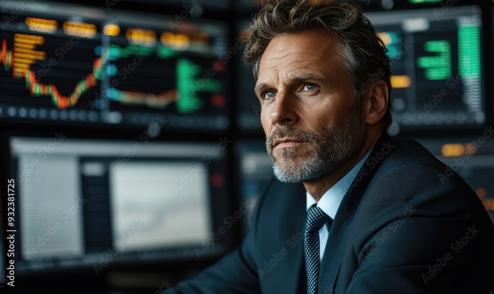Wealthy Businessman in Suit Sitting with Trading Charts Background Wealthy Businessman in Suit Sitting with Trading Charts Background