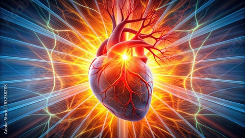 Illustration of a healthy heart with vibrant red blood vessels and pulsing arteries, surrounded by subtle light rays, symbolizing cardiovascular well-being and overall fitness.