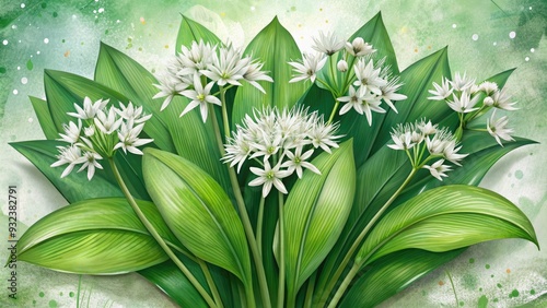 Illustration of a ramson or wild garlic plant with green leaves and white flowers surrounded by hand-drawn botanical lines and subtle texture. photo