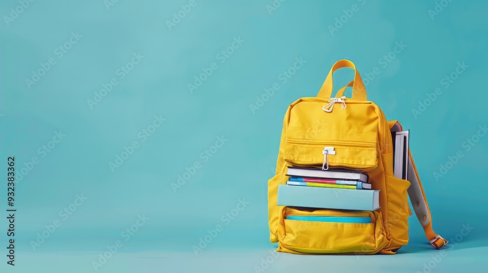 Back to school. Yellow backpack with books and school stuff on blue background Back to school. Yellow backpack with books and school stuff on blue background
