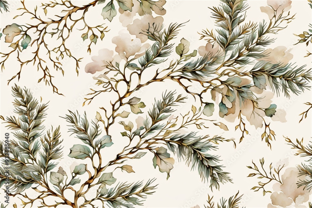 Fototapeta premium Gold and white botanical leaves on on a soft cream background, elegant holiday style