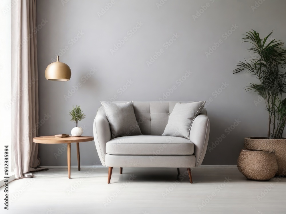 Modern interior of living room with gray armchair on empty white color wall background Modern interior of living room with gray armchair on empty white color wall background