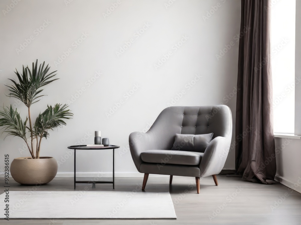 Modern interior of living room with gray armchair on empty white color wall background Modern interior of living room with gray armchair on empty white color wall background