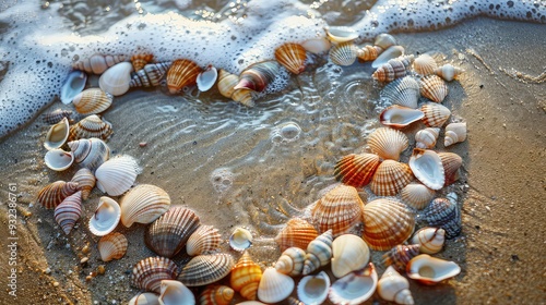 Sea shells arranged in a heart shape on a sandy beach with waves washing over them.