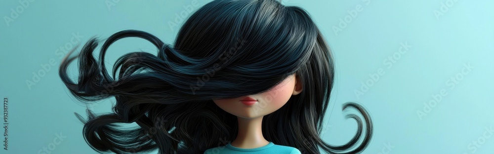 Naklejka premium Playful 3D Cartoon Girl with Hair Covering Her Face