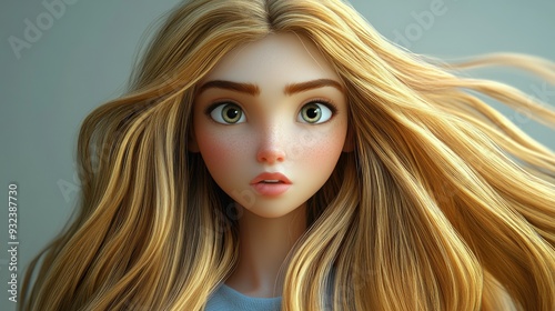 Playful 3D cartoon lady with stunning long locks