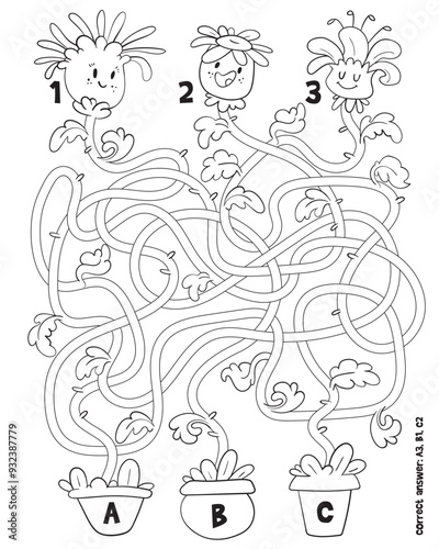 Children logic game to pass the maze. Potted flowers. Educational game for kids. Attention task. Choose right path. Funny cartoon character. Worksheet page. Vector illustration. Coloring book