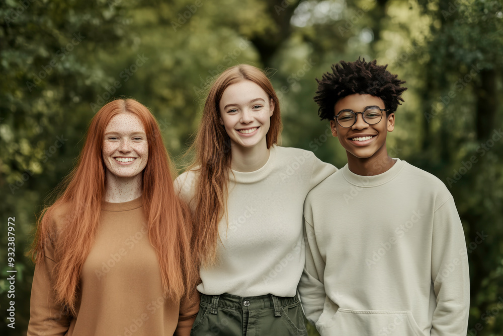 Three young friends are smiling and posing for a picture in a forest Three young friends are smiling and posing for a picture in a forest