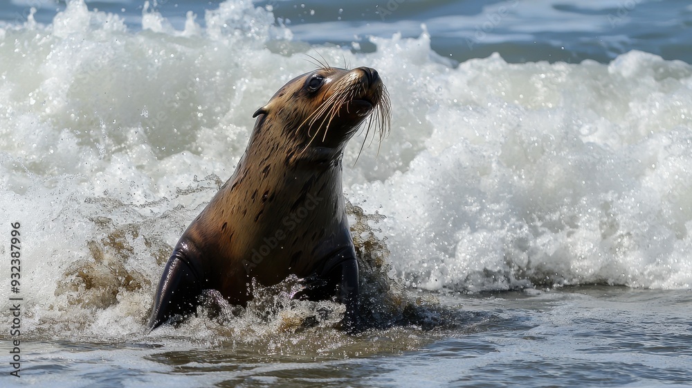 Obraz premium Sea Lion Emerging From Ocean Wave Splashing Water