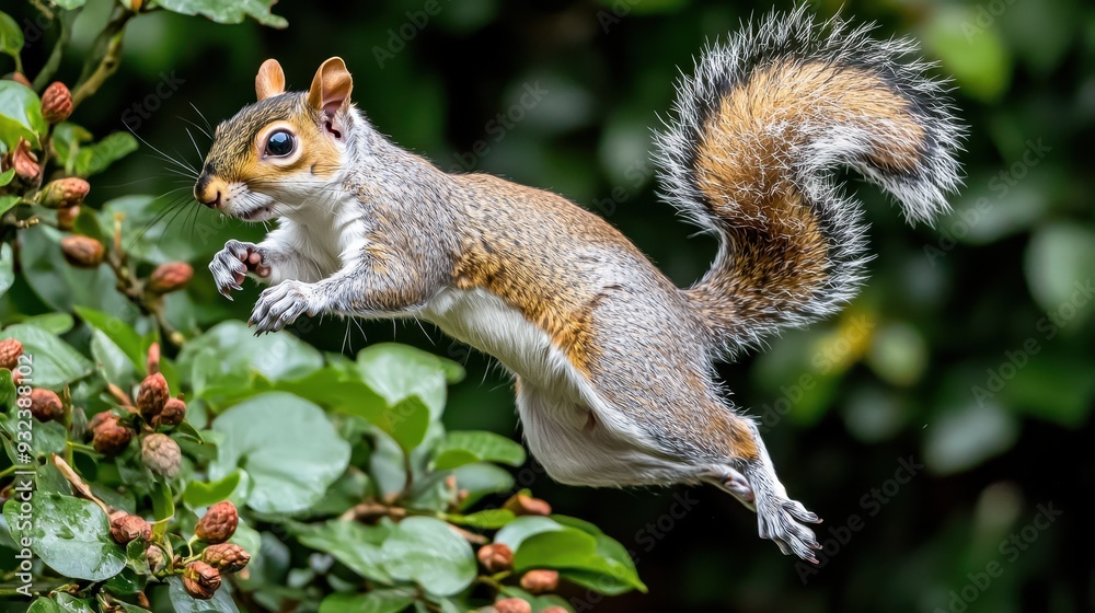 Grey Squirrel Leaping Through Green Leaves