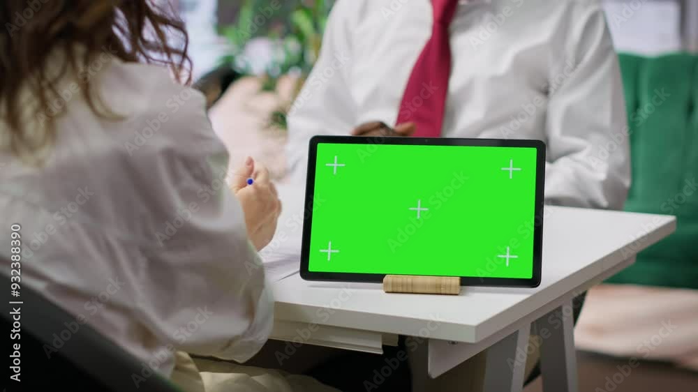 Team of recruiters interviewing job applicant next to chroma key screen on tablet, examining his resume and discussing about qualifications. HR department making a job offer. Camera A. Team of recruiters interviewing job applicant next to chroma key screen on tablet, examining his resume and discussing about qualifications. HR department making a job offer. Camera A.