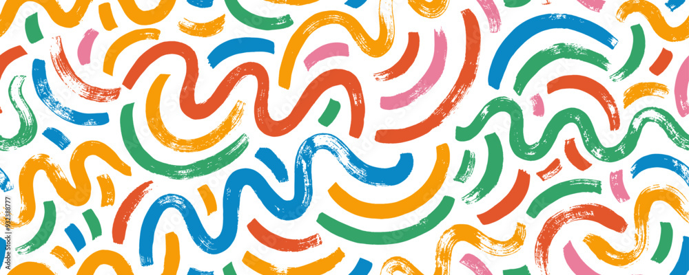 Wavy and squiggle bold brush strokes seamless pattern. Children style colored seamless banner background with doodle rough lines. Playful abstract squiggle drawing background, confetti motif. Wavy and squiggle bold brush strokes seamless pattern. Children style colored seamless banner background with doodle rough lines. Playful abstract squiggle drawing background, confetti motif.