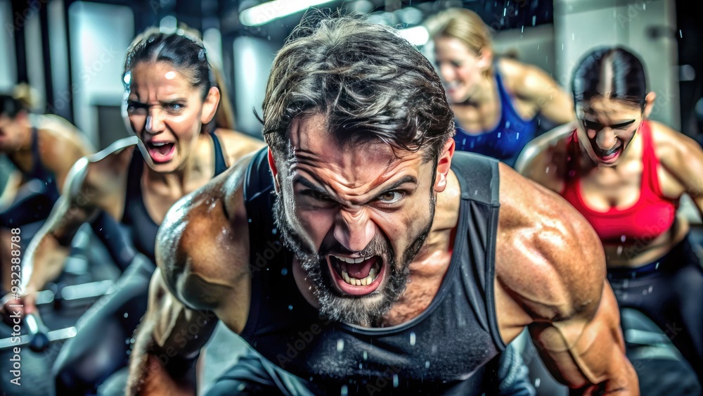 Intense and motivational portraits of individuals showing various emotional expressions, sweat-drenched and exhausted, during high-intensity workout sessions at the modern fitness center. Intense and motivational portraits of individuals showing various emotional expressions, sweat-drenched and exhausted, during high-intensity workout sessions at the modern fitness center.