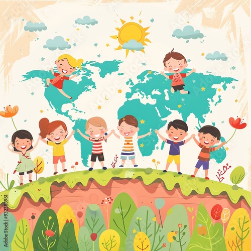A colorful illustration of children around the world, celebrating unity and diversity.