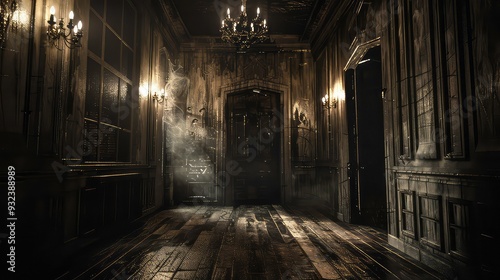 A dark and eerie hallway with a wooden floor and a closed door at the end. The walls are covered in cobwebs and dust, and there is a faint light coming from the chandelier above.