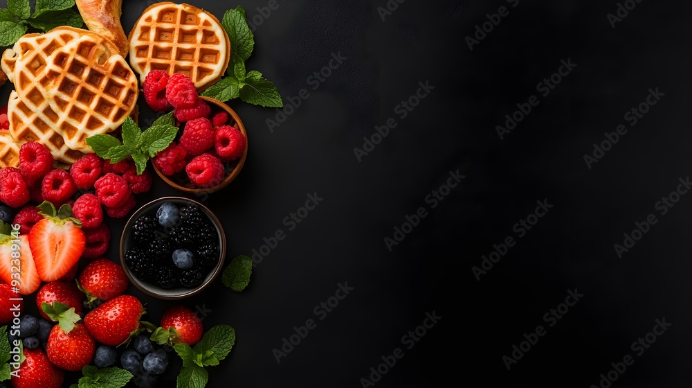 Top view of a gourmet breakfast charcuterie board with waffles, fresh fruits, oatmeal, and bread, arranged on a black background, studio lighting, dramatic contrast, minimalistic style. Top view of a gourmet breakfast charcuterie board with waffles, fresh fruits, oatmeal, and bread, arranged on a black background, studio lighting, dramatic contrast, minimalistic style.