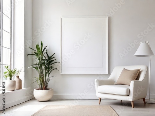 White frame leaning on white shelf in bright interior on empty wall background