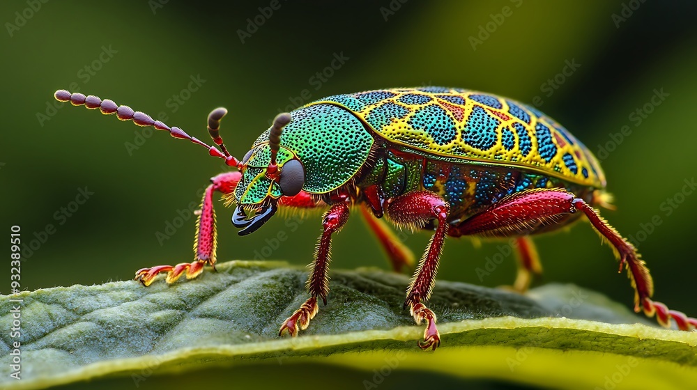 Naklejka premium A vibrant, iridescent beetle with red legs and antennae perches on a green leaf, showcasing its intricate patterns.