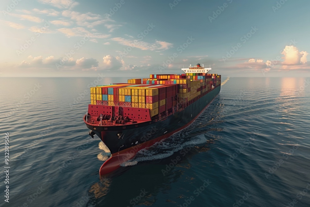 Fototapeta premium A large container ship sailing through calm waters of the ocean