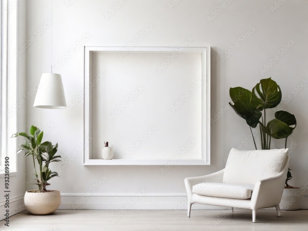 Fototapeta premium White frame leaning on white shelf in bright interior on empty wall background