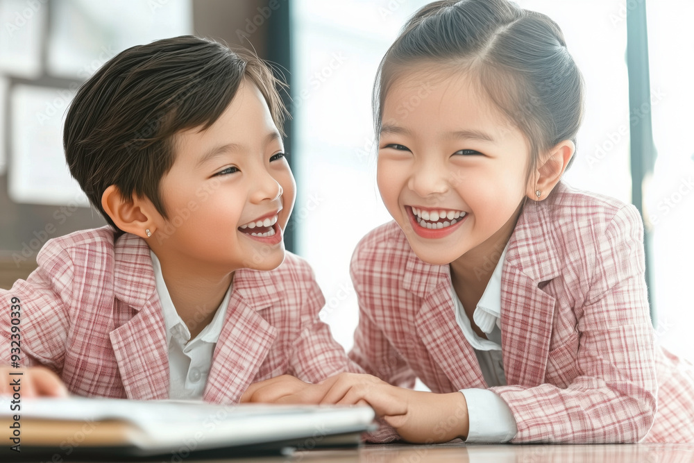 Two young children are wearing suits and bow ties, smiling Two young children are wearing suits and bow ties, smiling