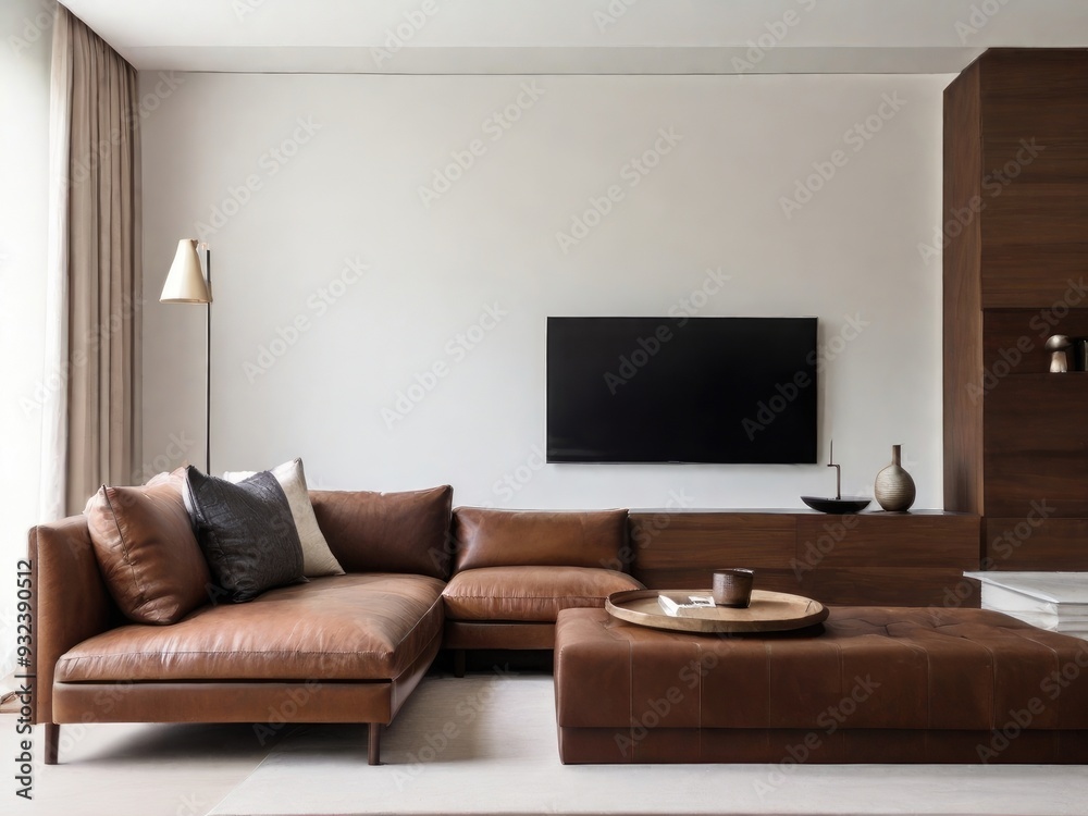 White wall mounted tv on cabinet in living room with leather sofa and minimal design White wall mounted tv on cabinet in living room with leather sofa and minimal design