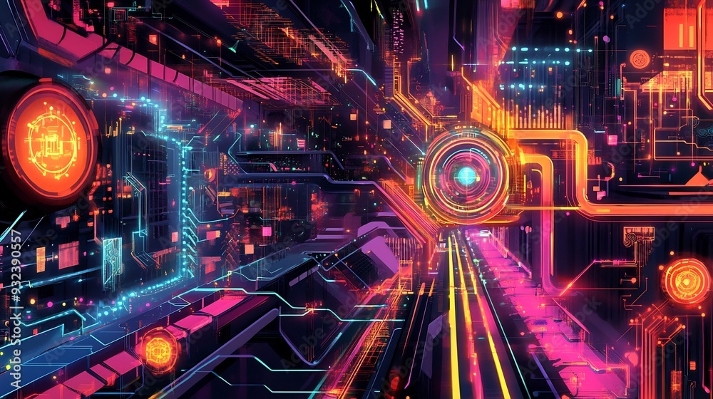 Creative art piece depicting the intersection of technology and human interaction highlighting AI machine learning and humancentered design through vibrant interconnected designs