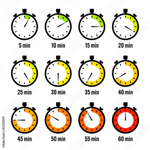 Stopwatch icons. Colorful simple chronometer, time counter with dial. Countdown timer showing hours and minutes. Deadline, measurement for sport. Cooking time label, sticker. Vector illustration