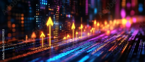 Business growth visualization  futuristic office  rising arrows  3D illustration