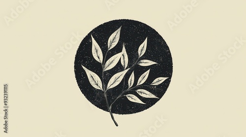 Minimalist Black and White Botanical Illustration with Leaves in Circle