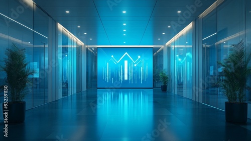 Digital arrows pointing upwards on a large screen, surrounded by modern office architecture