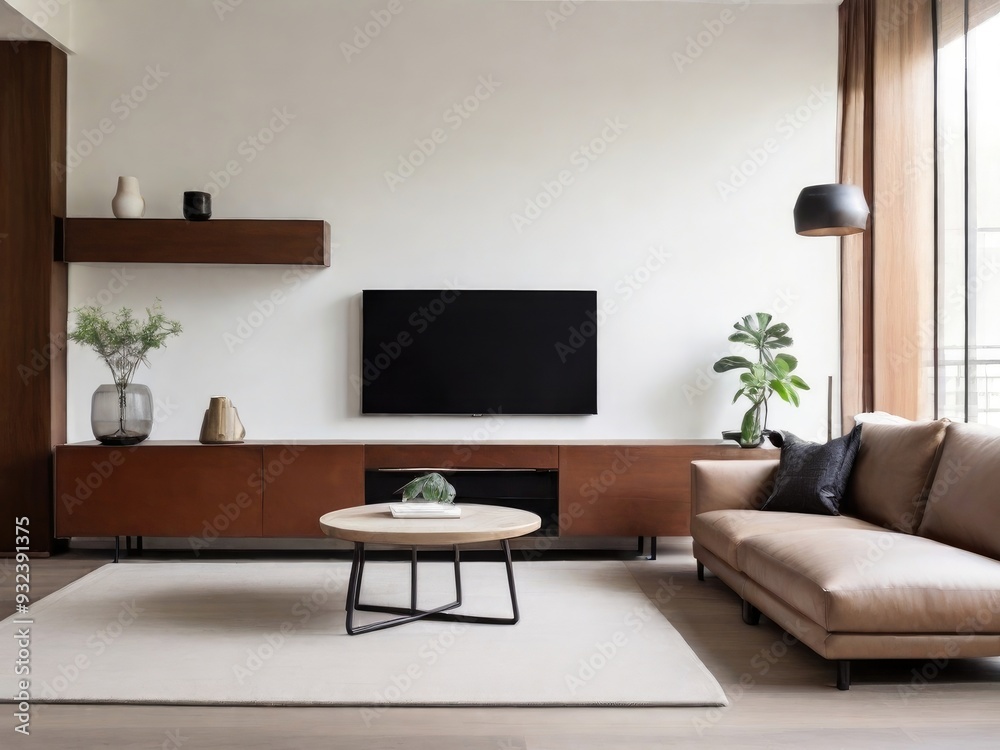 Fototapeta premium White wall mounted tv on cabinet in living room with leather sofa and minimal design