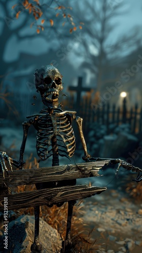 A skeleton holds an empty wooden plank while standing in a spooky graveyard, with fog rolling over tombstones at night