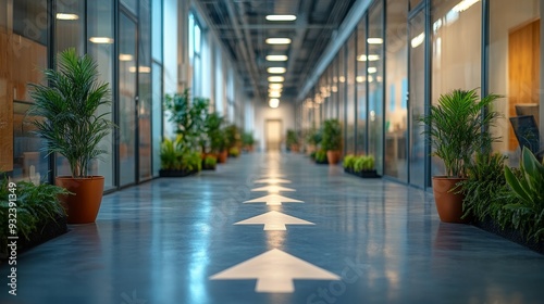 Futuristic office with arrows pointing upwards, symbolizing innovation and business expansion