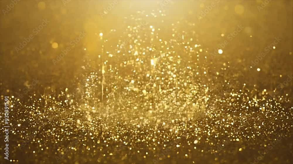 Golden particles cascading down in shimmering glittering display, creating luxurious and festive atmosphere. Gold texture background